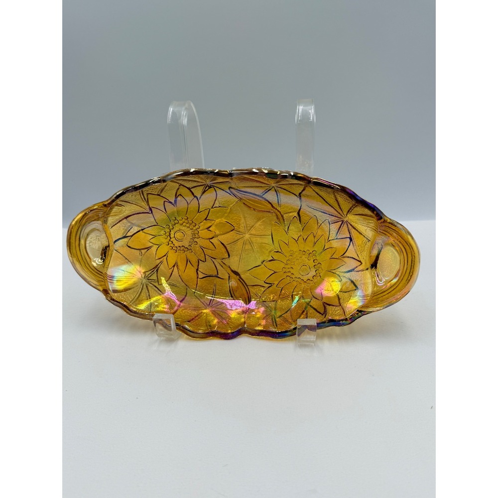 Vintage Carnival Glass Relish Dish Marigold Good Sunflower Iridescent